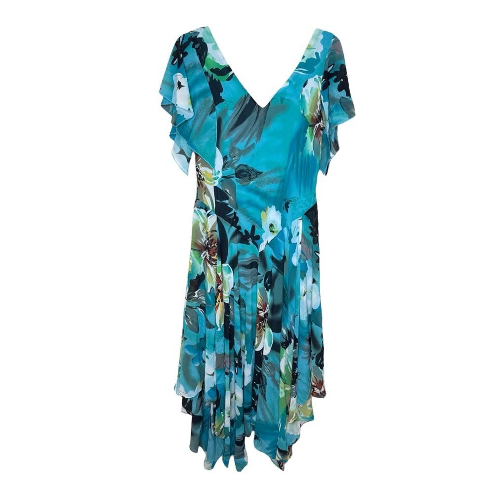 Signature by Robbie Bee Asymmetrical Fairy Hem Floral Blue Maxi Dress Size 14 - Picture 3 of 7